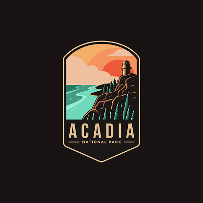 Emblem patch vector illustration of Acadia National park on dark background