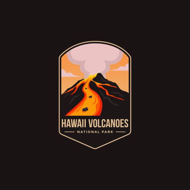 Emblem patch vector illustration of Hawaii Volcanoes National park on dark background Emblem patch vector illustration of Hawaii Volcanoes National park on dark background volcanics stock illustrations