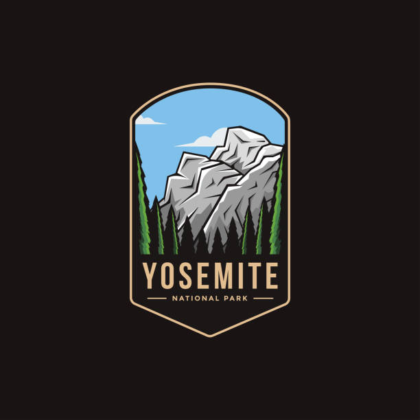 Emblem patch vector illustration of Yosemite National Park on dark background Emblem patch vector illustration of Yosemite National Park on dark background yosemite national park stock illustrations