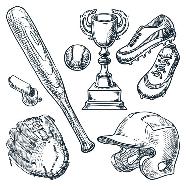 ilustrações de stock, clip art, desenhos animados e ícones de baseball sports equipment. vector hand drawn sketch illustration. ball, glove, baseball bat, helmet icons - luva de beisebol