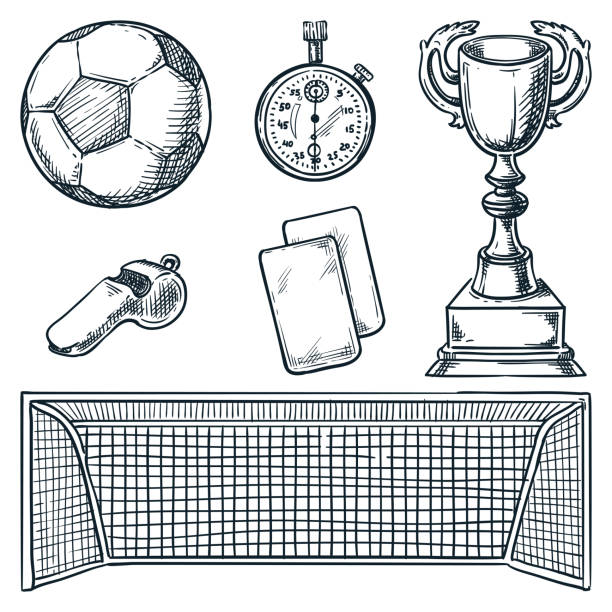 ilustrações, clipart, desenhos animados e ícones de equipamento esportivo de futebol. ilustração de esboço desenhado à mão do vetor. ícones de bola, gol e cartas - 2039