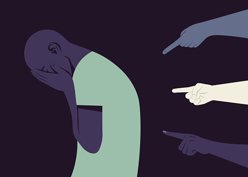 The shame. Hands of different people point to the crying African man. Bankrupt. The pressure of society. Vector flat illustration