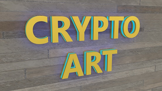 Crypto Art currency concept. Non Fungible Token with light flashing on dark gold abstract background. 3d Rendering. for design content