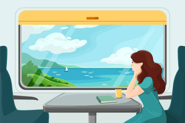 The girl looks thoughtfully from the train window. The girl is sitting in a train carriage. Summer travel. Vector illustration. Summer vacation at the sea. Seascape through the train window. progress window stock illustrations