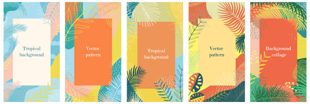 ilustrações, clipart, desenhos animados e ícones de fundo de verão abstrato com folhas de palmeira tropical. textura em azul e laranja, selva, tema da praia. conjunto de planos de fundo para postagens, rede social, folheto, cartão, venda modelo vertical, lugar para texto - wooden post wood sign poster