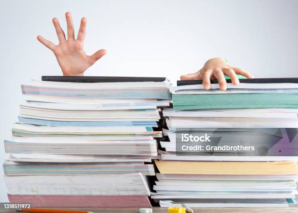 A Child Is Behind A Large Pile Of Books Demanding Curriculum Concept Stock Photo - Download Image Now