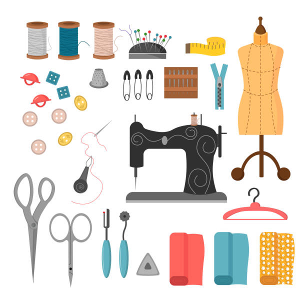 illustrations, cliparts, dessins animés et icônes de un ensemble d’outils de couture. fils, aiguilles, boutons et machine à coudre, mannequin et coupes de tissu. - sewing tailor thread sewing kit