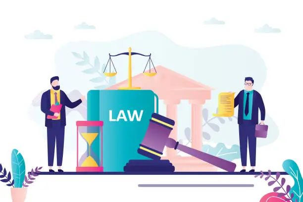 Vector illustration of Two lawyer discuss legal issues. Male characters present legal services. Concept of law, authority and lawyers