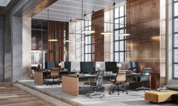大規模なコワーキングオフィス空間の3d画像 - office furniture open plan desk ストックフォトと画像