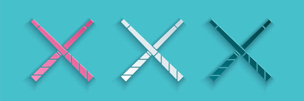 istock Paper cut Crossed billiard cues icon isolated on blue background. Paper art style. Vector 1318513482