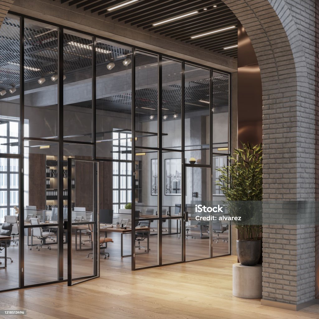 3D rendering of modern office with large glass partitions 3D rendering of a modern empty office with large glass partitions. Digitally generated image of spacious open plan office space. Office Stock Photo
