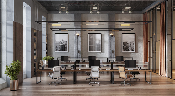 3D image of a spacious coworking office space. Computer generated image of an open plan office interior.