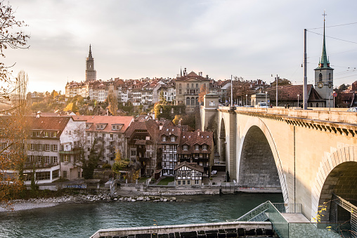 The old town of Bern in autumn, the river Aare, Nydeggbridge and Nydeggchurch, Bärenpark, Switzerland