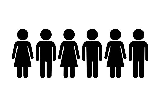 ilustrações, clipart, desenhos animados e ícones de grupo de homens e mulheres. seis pessoas em pé em uma fileira. grupo de pessoas ilustração vetorial - figura de palito