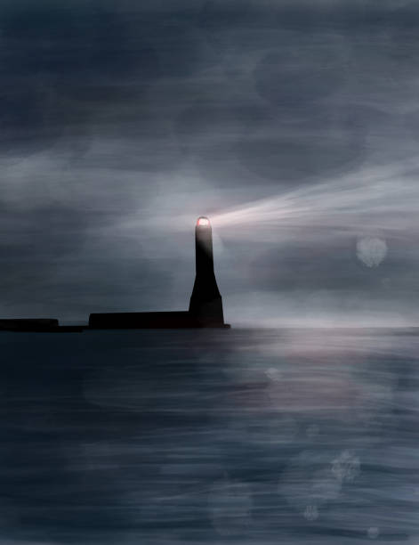 illustrations, cliparts, dessins animés et icônes de illustration numérique foncée avec le voilier et la tempête en mer - sea storm lighthouse rough