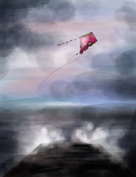 illustrations, cliparts, dessins animés et icônes de illustration numérique foncée avec le petit cerf-volant rouge - sea storm lighthouse rough