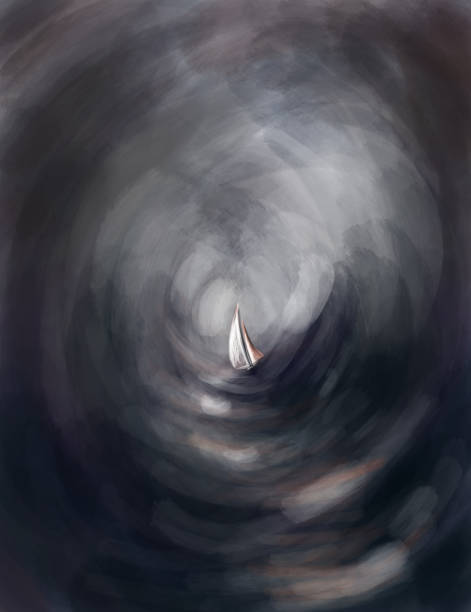 illustrations, cliparts, dessins animés et icônes de illustration numérique foncée avec le voilier et la tempête en mer - sea storm lighthouse rough