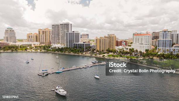 Aerial View Of Downtown West Palm Beach Florida Inlet Waterfront Skyline In May Of 2021 Stock Photo - Download Image Now