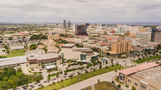 Aerial Drone Footage of Downtown West Palm Beach, Florida From Okeechobee Blvd. & Parker Ave. in May of 2021.