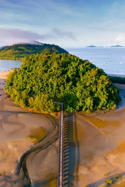 Aerial view of beautiful scenery of island and the bridge in morning in Ranong province, Thailand