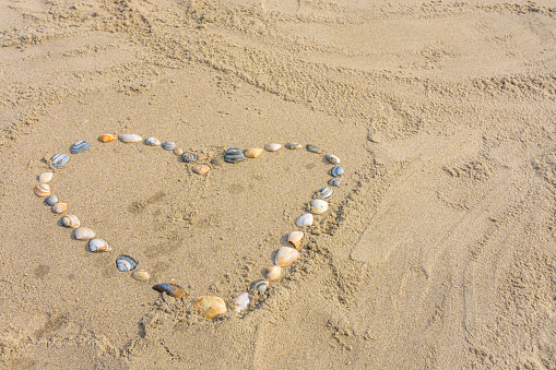 A heart made of sea shells laid out on the beach. Love concept