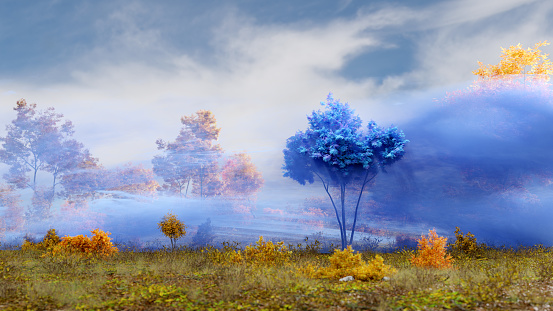 Smoke rising from a mysterious landscape with a blue tree