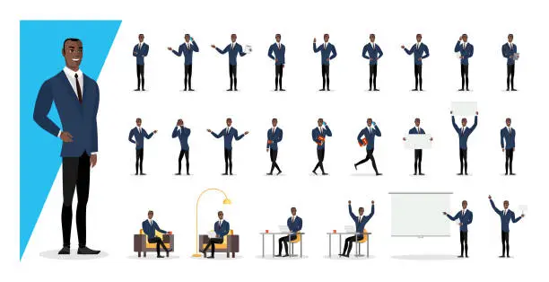 Vector illustration of Successful black colored businessman in blue suit showing gestures and emotions in different poses. Office african american business man character. Male person standing, sitting, walking set