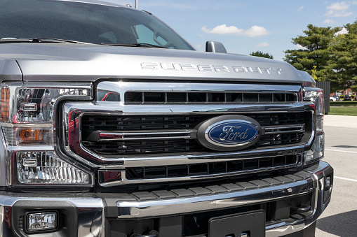 Kokomo - Circa May 2021: Ford F250 Super Duty display at a dealership. The Ford F-250 is available in XL, and XLT models.