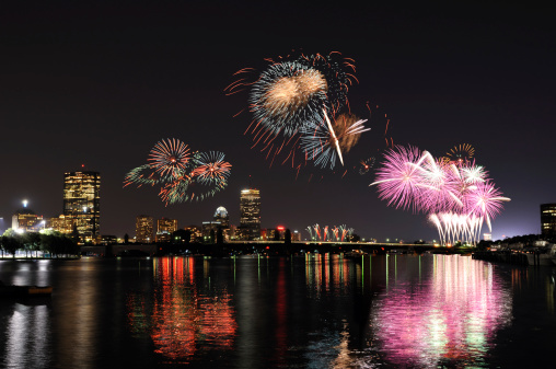 Fireworks over Boston skyline, reflections on Charles River