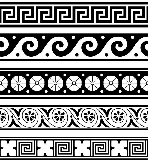 Greek Pottery Pattern Collection Collection of beautiful ancient Greek pottery patterns in black and white color. greek culture stock illustrations