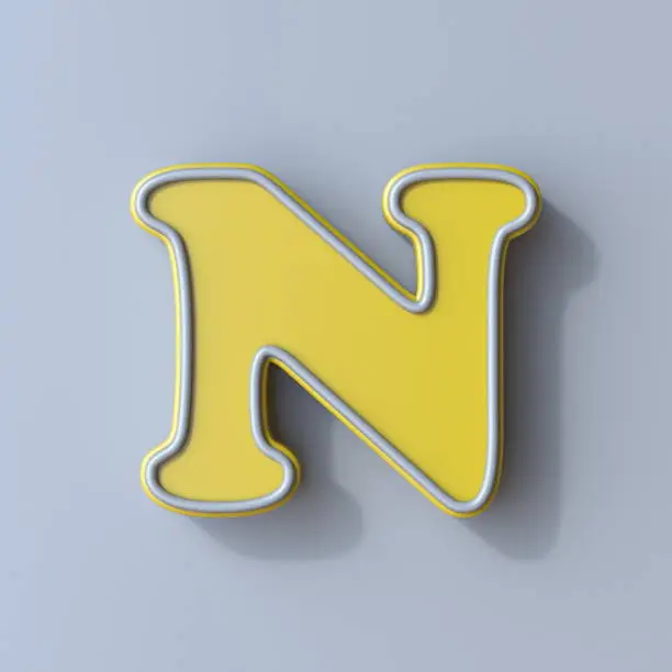 Yellow cartoon font Letter N 3D render illustration isolated on gray background