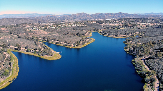 An aerial view of the reservoir taken towards the mountains in the east.