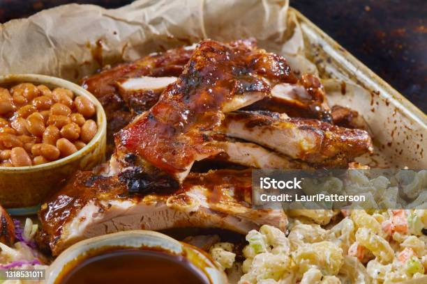 Bbq Pork Ribs Plater Stock Photo - Download Image Now - Barbecue - Meal, Baked Beans, Coleslaw
