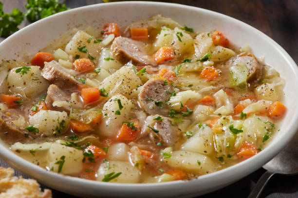 German Potato and Bratwurst Soup with Carrots, Celery and Cabbage