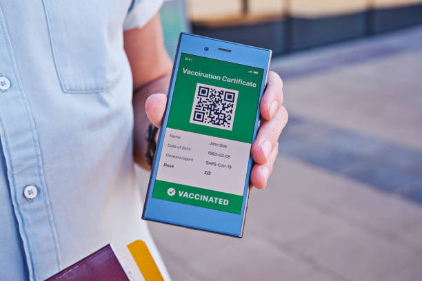 istock Closeup male hand with smartphone display on app mobile displaying valid digital vaccination certificate for Covid-19 1318532061