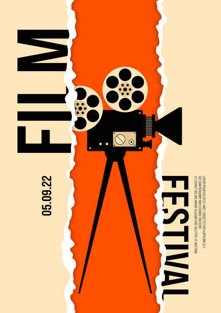 illustrazioni stock, clip art, cartoni animati e icone di tendenza di sfondo modello di design di poster di film e film con fotocamera vintage - film festival