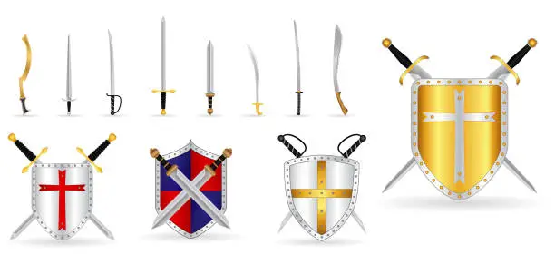Vector illustration of set of realistic warrior sword or cross swords shield or axe sword cartoon shield concept. eps vector