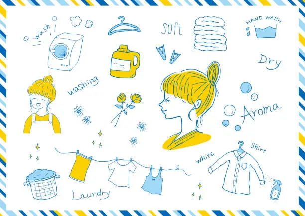 Vector illustration of laundry icons and woman's profile