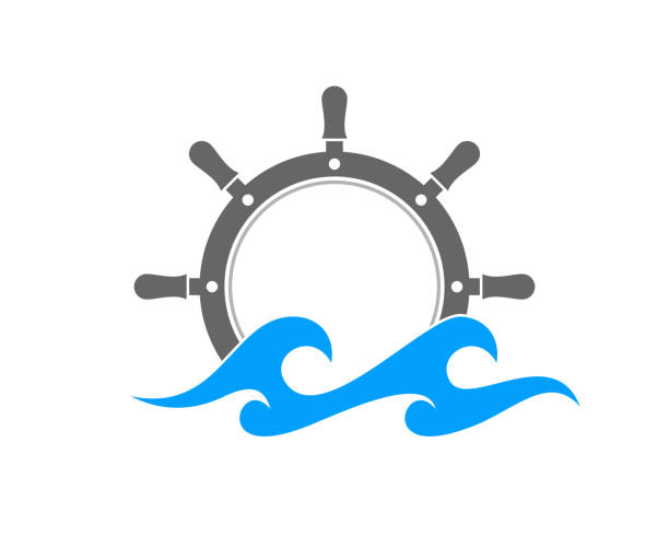 船のステアリングホイールを海の波ロゴに - pier jetty nautical vessel sailboat点のイラス��ト素材／クリップアート素材／マンガ素材／アイコン素材