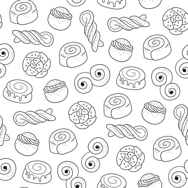 illustrazioni stock, clip art, cartoni animati e icone di tendenza di tradizionale motivo senza cuciture per dolci svedesi. panino kanelbulle, rotolo di cannella, semla e lussekatt. illustrazione vettoriale isolata disegnata a mano - lussekatt