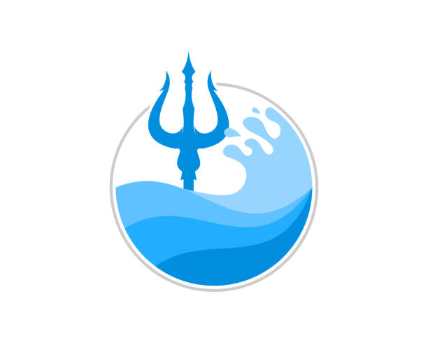 ilustraciones, imágenes clip art, dibujos animados e iconos de stock de tridente en el logotipo de la onda azul - neptune trident mythology roman god