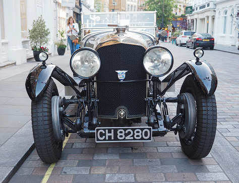 London, Uk - Circa June 2018: 1929 Bentley 4 1/2 Litre vintage car in Covent Garden