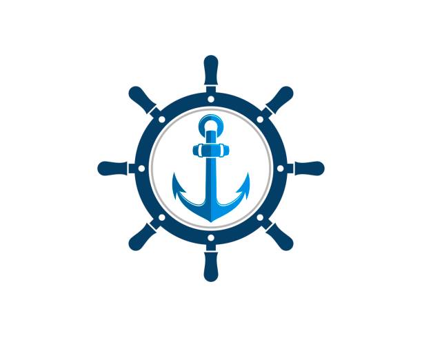 해상 앵커가 있는 스티어링 휠을 내부에 장착 - anchor harbor vector symbol stock illustrations