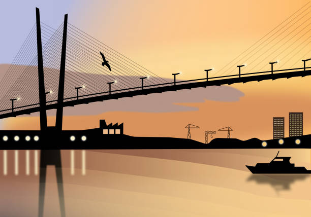 ilustrações de stock, clip art, desenhos animados e ícones de cable-stayed bridge across the sea bay at dusk - cable stayed bridge illustrations