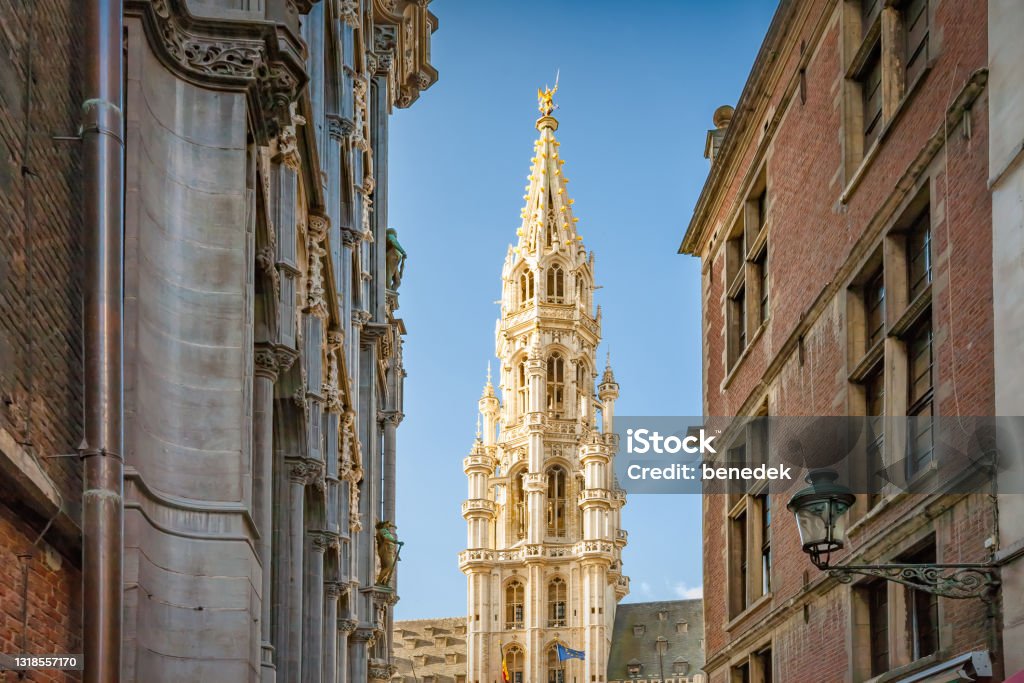 Brussels Belgium Town Hall The tower of the Town Hall building on Grand Place in old town Brussels Belgium. Brussels-Capital Region Stock Photo