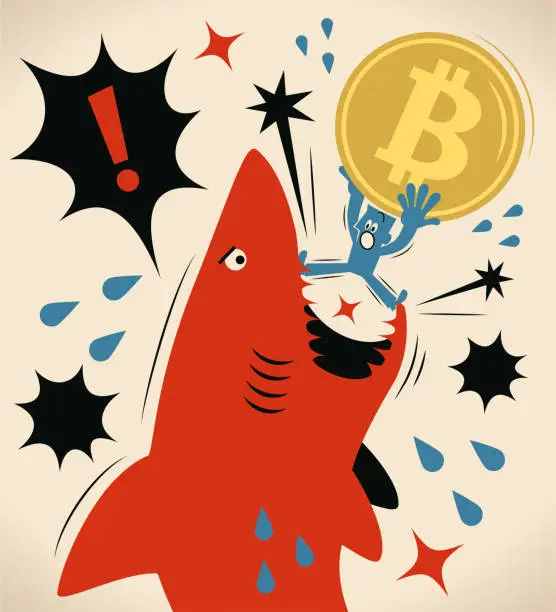 Vector illustration of The businessman carrying a big Bitcoin Cryptocurrency is getting attacked by a shark