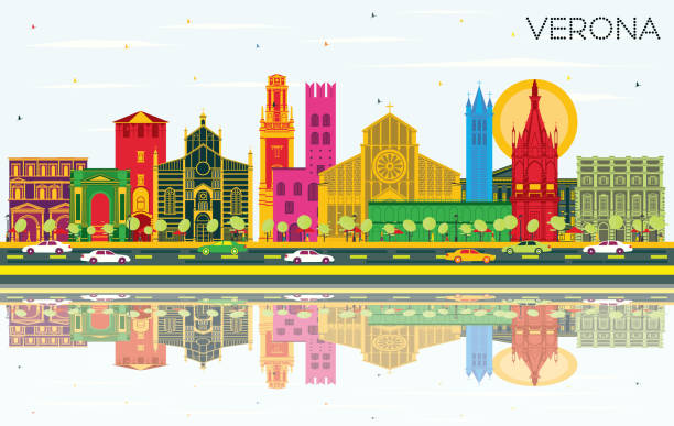 illustrazioni stock, clip art, cartoni animati e icone di tendenza di skyline della città di verona italia con edifici a colori, cielo blu e riflessi. - verona
