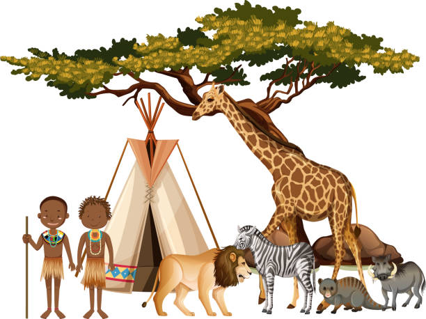 istock African tribe with group of wild african animal on white background 1318564734