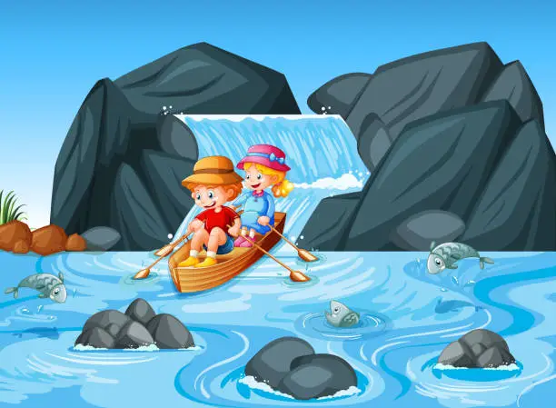 Vector illustration of Children row the boat in the stream waterfall scene