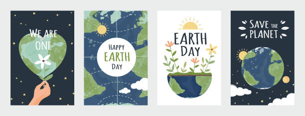 ilustrações de stock, clip art, desenhos animados e ícones de earth day posters. save environment concept. holiday of protection ecology and nature. hand drawn planet in space. cartoon map with green continents and growing plants. vector banners set - save oceans